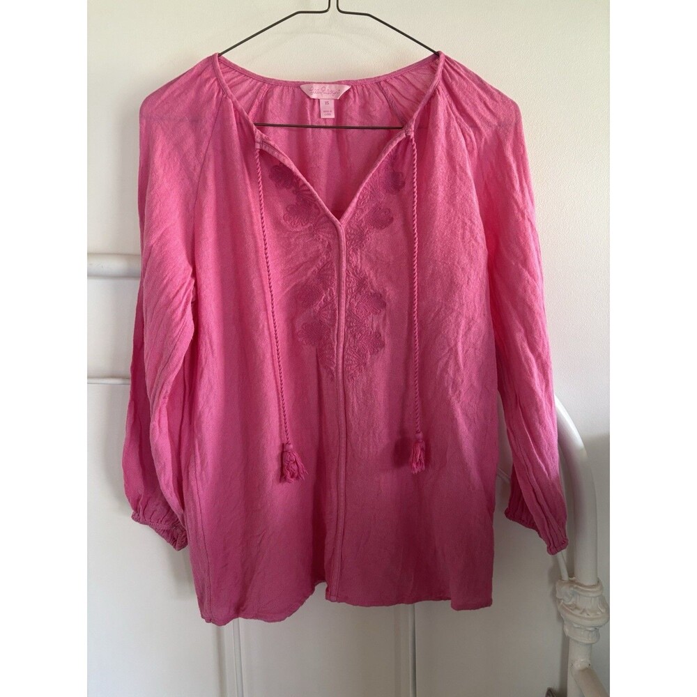 Lilly Pulitzer Pink Boho Embroidered Peasant Top Blouse Coastal Cowgirl XS